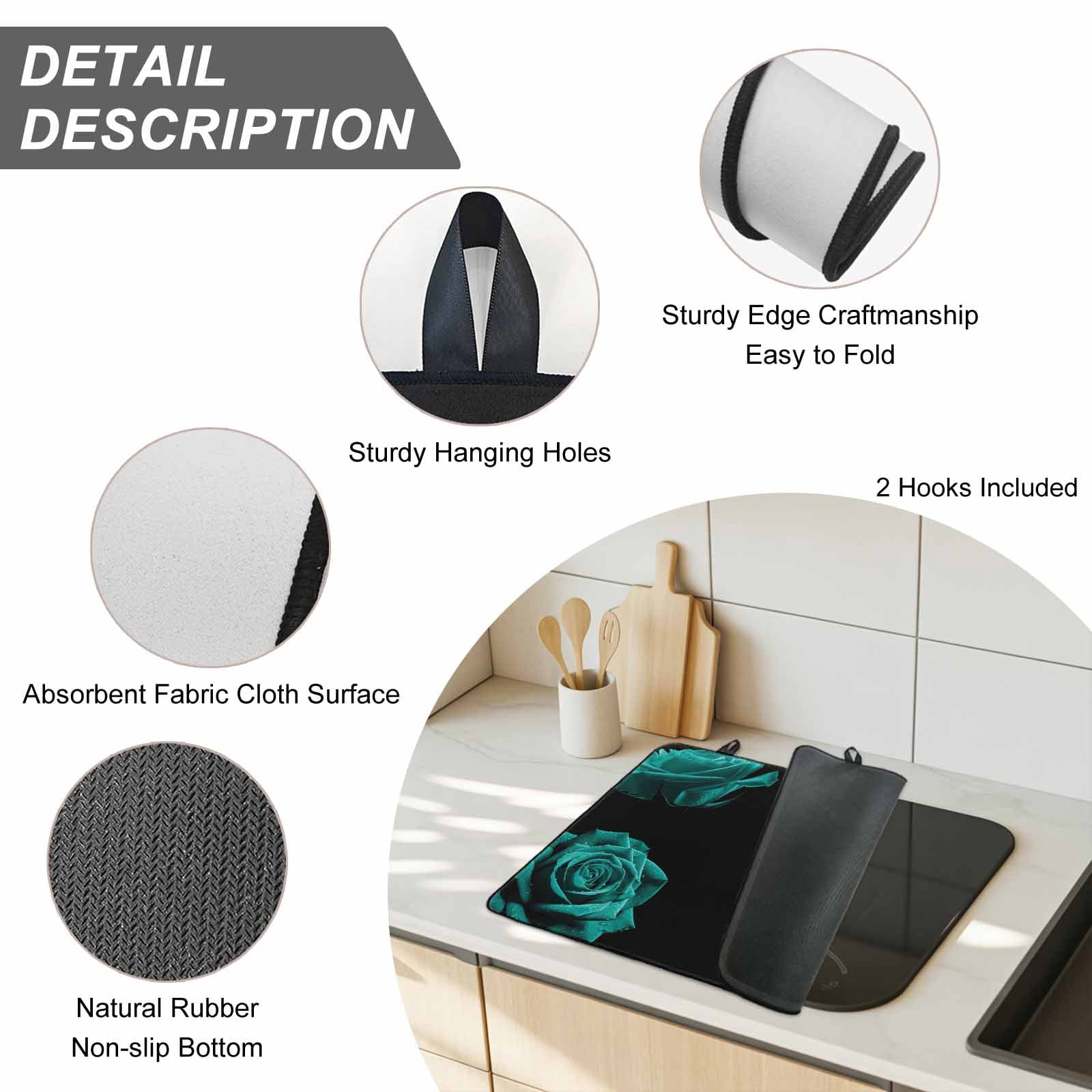 Teal Blue Rose Stove Top Cover for Electric Stove, Heat-proof & Non Slip Glass Top Stove Cover Protector, Vintage Abstract Garden Flower Floral Black Kitchen Flat Cooktop Rubber Mat 31x24 Inches