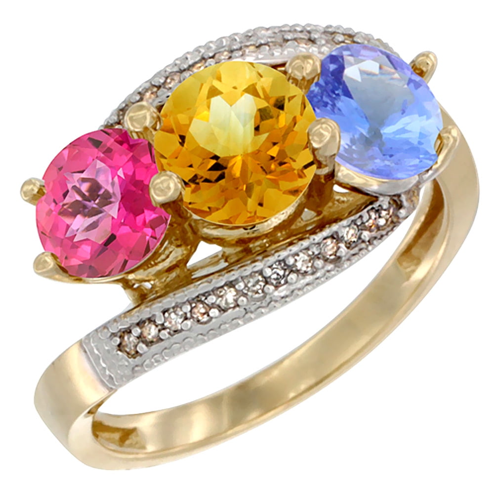 14K Yellow Gold Natural Pink Topaz, Citrine & Tanzanite 3 stone Ring Round 6mm Diamond Accent, size 5 by Gabriella Gold
