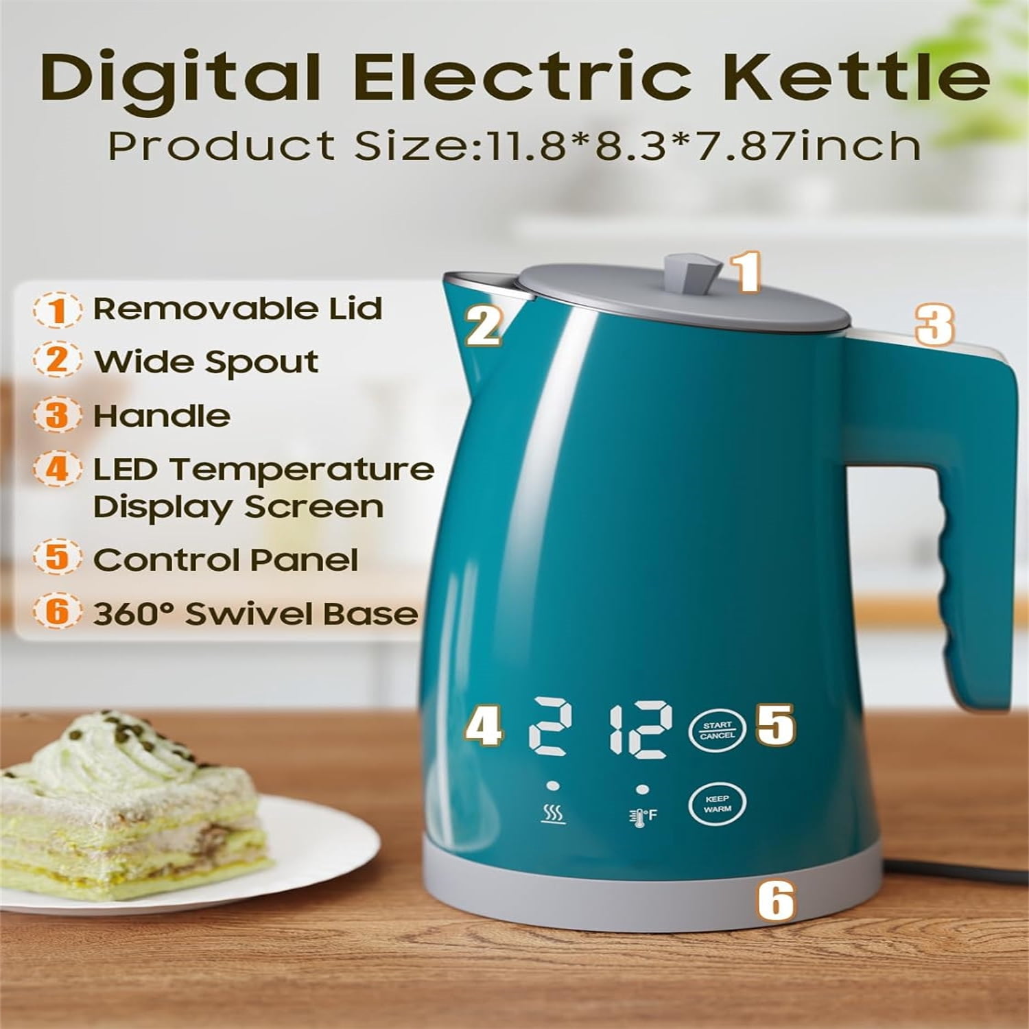 Temperature Control Electric Kettle, 5 Temp Presets, 2H Keep Warm,1.25L 1200W Fast Boil with LED Display, Cool-Touch Design with Auto Shut-Off, Cordless Design, I for Tea and Coffee(Green）