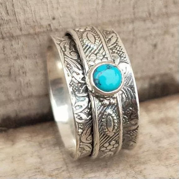 HOOUN Fashion Women 925 Silver Turquoise Rings Wedding Engagement Jewelry Gift Sz 6-10-7-Silver