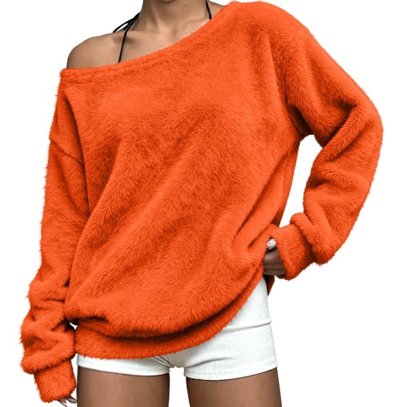 AKOEE Fuzzy Sweatshirts Off The Shoulder Pullover Long Sleeve Tops for Women Casual Loose Plush Sweaters (XL, Orange)