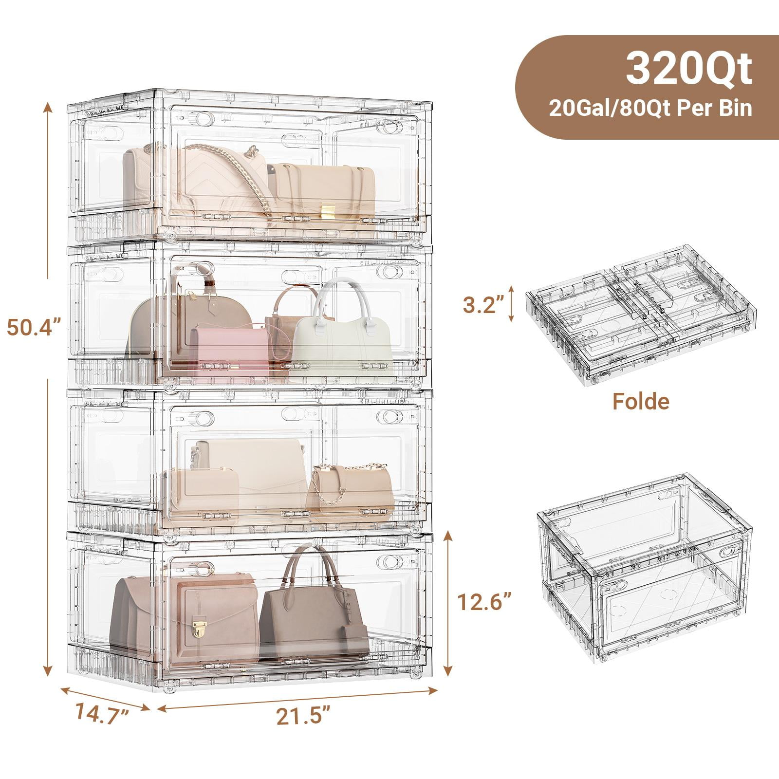 BROVIEW Full Clear Storage Bins Large 320Qt, Shiny Plastic Display Box, for Home Crafts Makeup, Stackable & Foldable, Individual Lids & Wheels, 4Pack