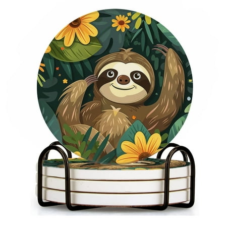 

BaHomeck Drink Coasters Set of 4 with Holder cute cartoon sloth surrounded by flowers Water Absorbent Ceramic Coasters Tabletop Protection Suitable for Various Cup Home Decor