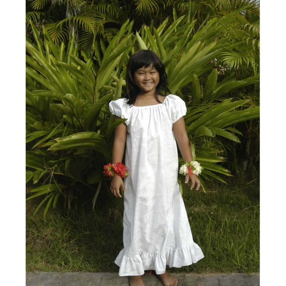 Girls Hawaiian Style Long Muumuu Dress White Flower on White. Girl size 2