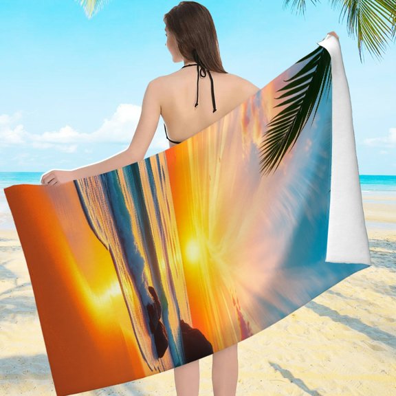 RKSupls Palm Tree Rocky Beach Sunset Microfiber Beach Towel, Extra Large Quick Dry Lightweight Towel for Travel Swimming Camping, Soft Super Absorbent- 55.1x27.6in