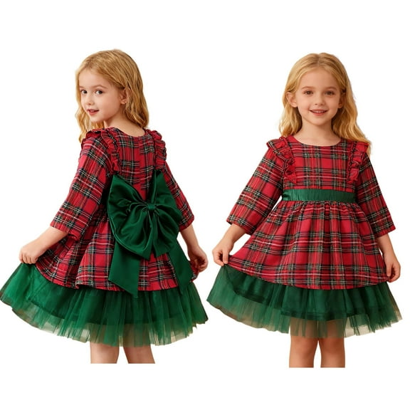 Christmas Dresses for Girls Long Sleeve Plaid Dress Girl Tulle Dress with Bow Kids Girl Fall Outfits 6-7 Years