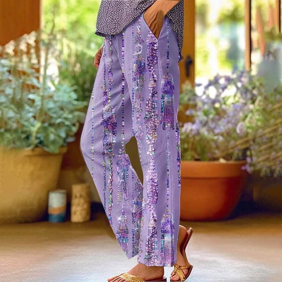 Njagoc3 Bohemian Floral Elastic Waist Pants - Womens Relaxed Fit Straight Leg 9/10 Length & Long Pants for Spring/Fall Comfort