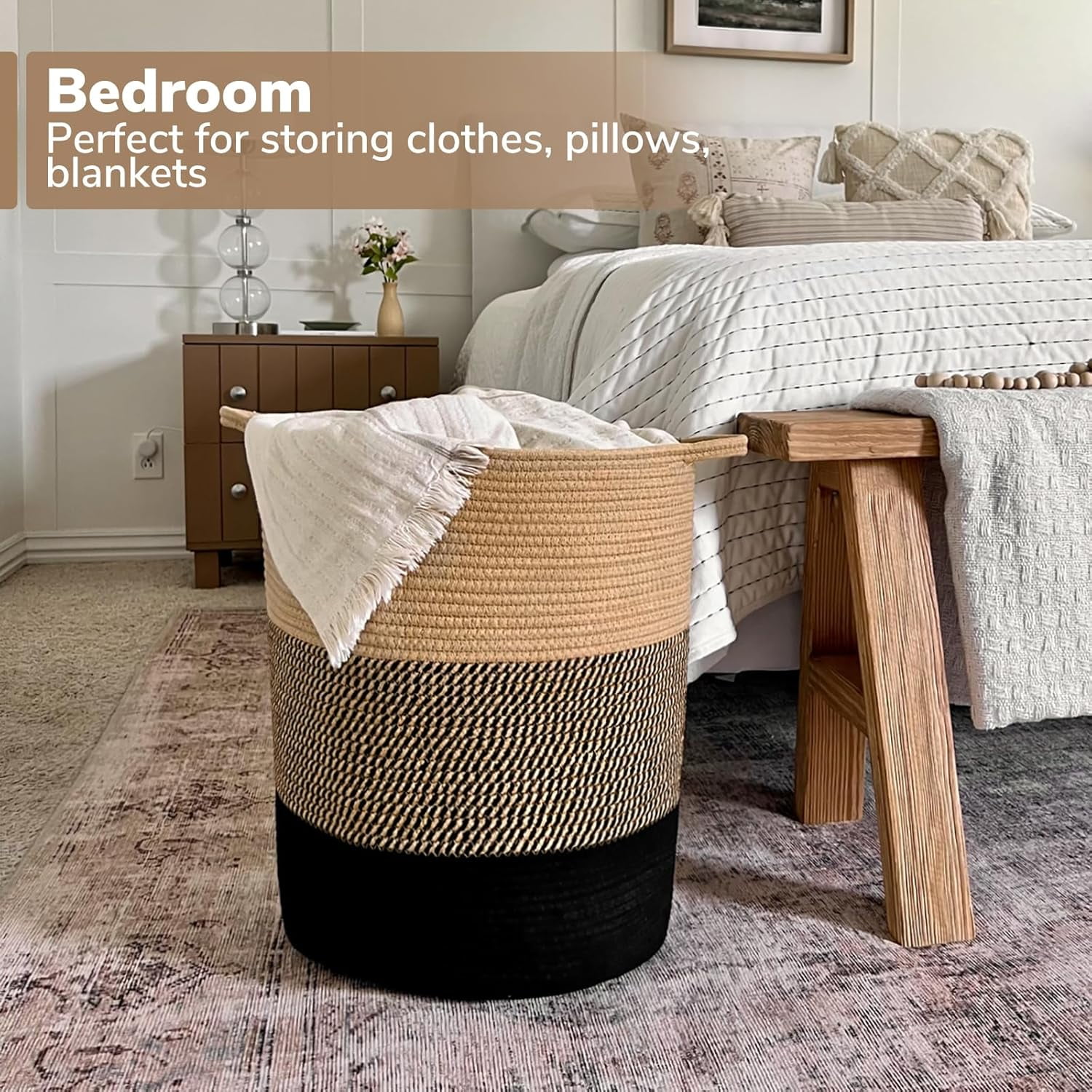 Laundry Basket Large Laundry Hamper, Woven Baskets for Storage, 17.8" x 15.8" x 13.8", Wicker Laundry Basket for Living Room, Dirty Clothes Basket, Baby Hamper for Nursery, Black & Jute