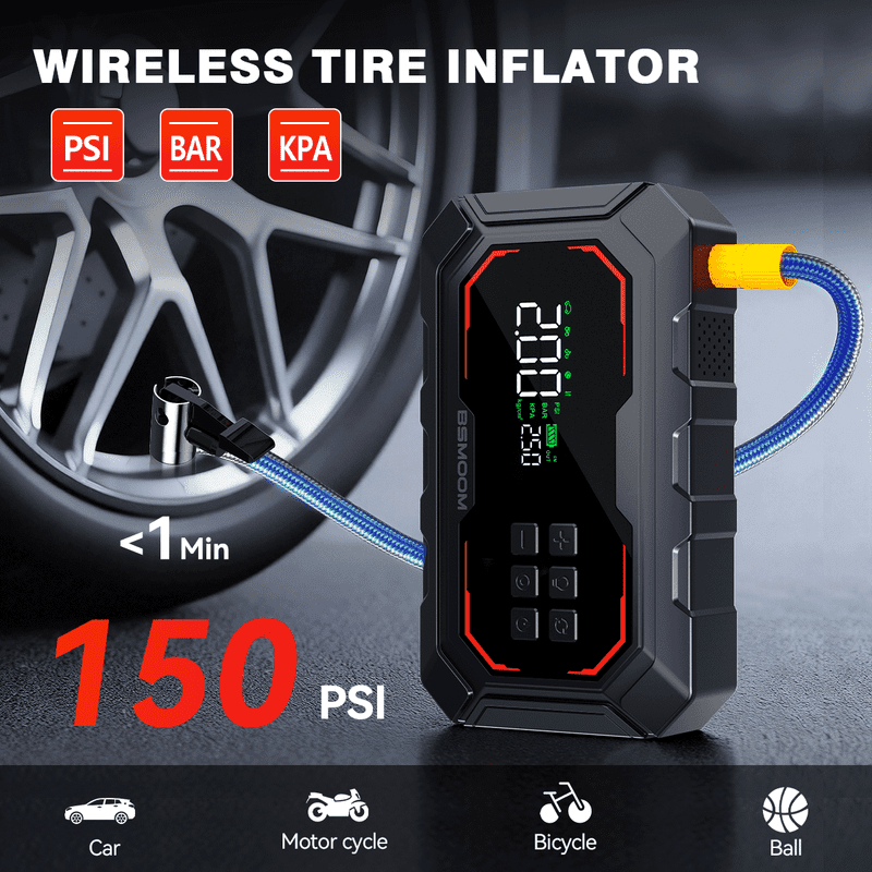 BSMOOM 3000A Car Jump Starter + 150PSI Air Compressor - 12V Portable Jump Box for All Gas/12L Diesel Engines (Smart Jumper Cables, LCD, 3-Mode LED)