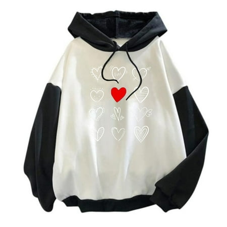 

koaiezne Women Casual Long Sleeve Valentine s Day Love Print Drawstring Pullover Hoodie Color Block Sweatshirt Pullover Scrub Tops Long Sleeve Women Ladies Christmas Tops