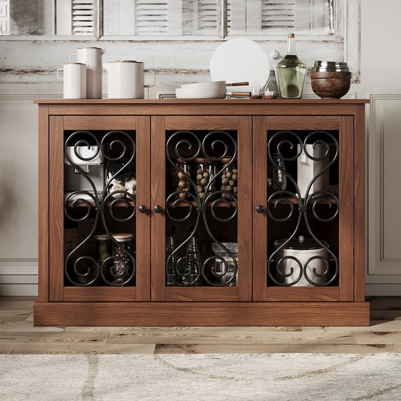Leumius 47" Wood Sideboard Buffet Cabinet, Morden Fort Coffee Bar Storage Cabinet with 3 Metal-Decorated Doors, Freestanding Accent Sideboard for Kitchen, Living Room and Entryway