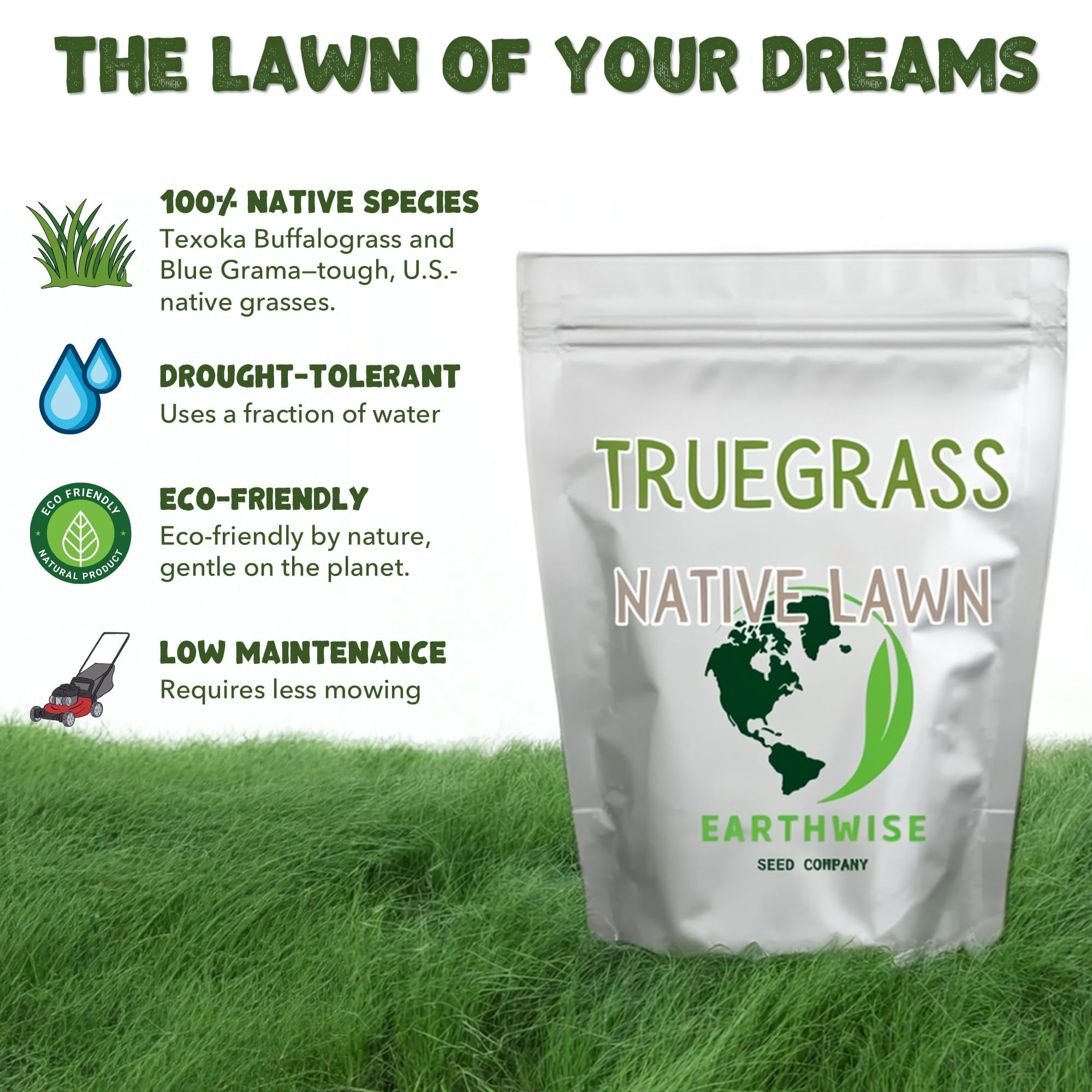 Earthwise TrueGrass Native Grass Seed Mix with Texoka Buffalograss and Blue Grama, Drought Tolerant Lawn Seed, 1 lb, Covers 500 Sq ft