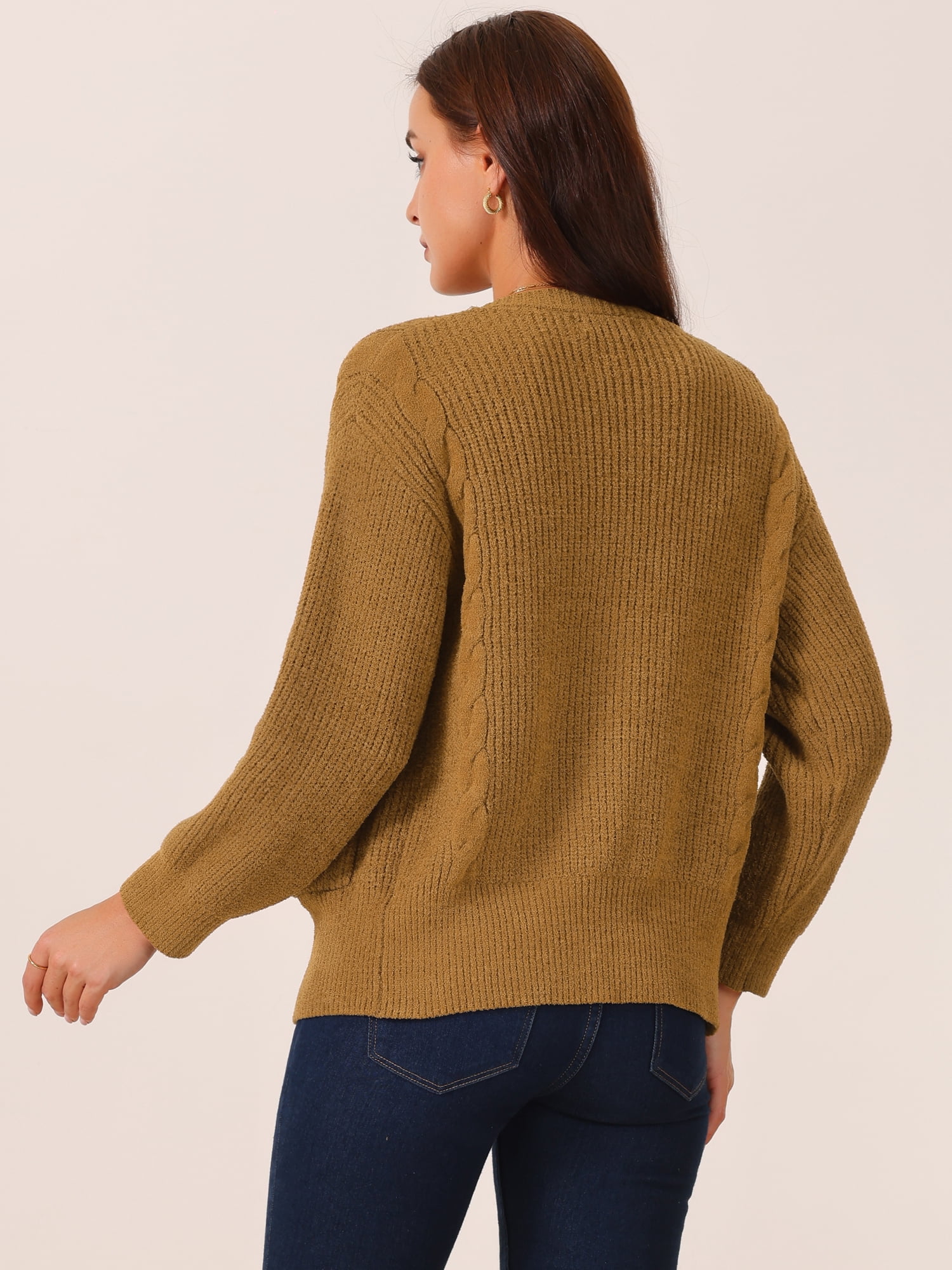 DARING DIVA Women's Open Front Knitted Casual Cardigan with Pockets S Brown