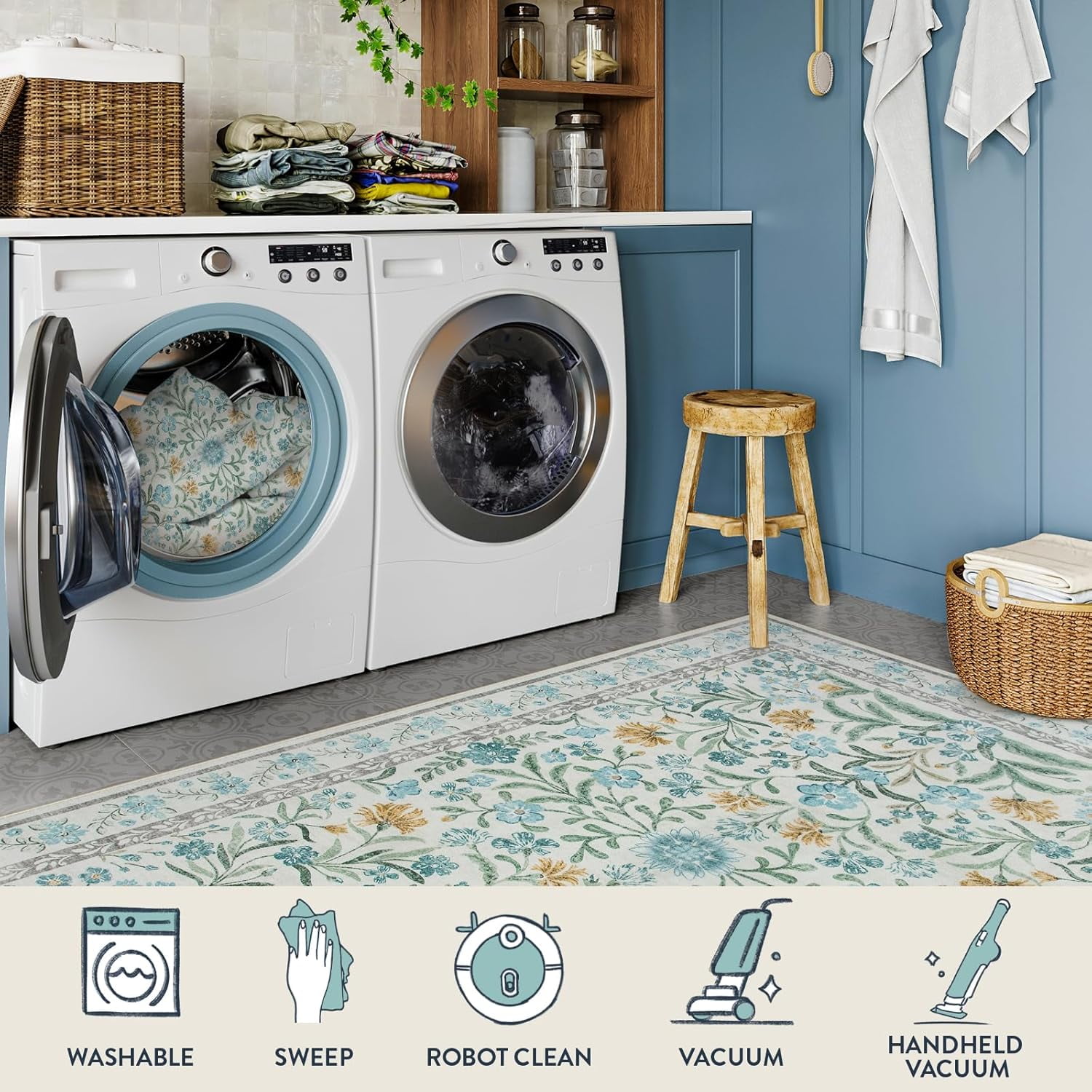 Moynesa 8'x10' Light Blue Bedroom Rug Under Bed, Boho Washable Rugs for Living Room, Soft Wool Rug for Home Office, Vintage Low Pile Carpet for Dining Room