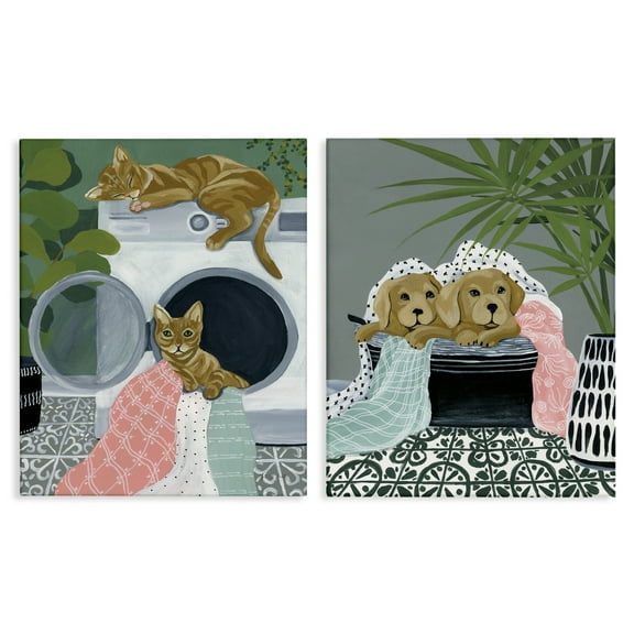 Stupell Industries Cats & Dogs Laundry Room Bath & Laundry Painting Wrapped Canvas Art Print Wall Art, 16 x 20, Set of 2