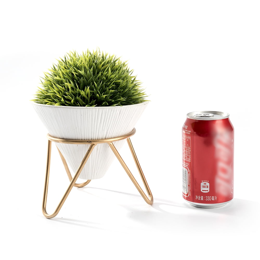 K-Cliffs Modern Design Artificial Plant,Faux Greeny Grass Potted in Conical Shape White Ceramic Pot with a Removable Galvanized Brass Metal Rack