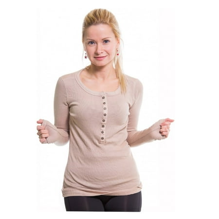 Neck Kit - Skylinewears Women Slim Fitted Crew Neck Knit T-Shirt Button Placket Lace Tied Up Top Beige Small