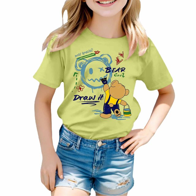 TZEWGL T-Shirts For Girl Cartoon Bear Print Round Neck Loose Short Sleeve Clothes For Baby size 4-5T