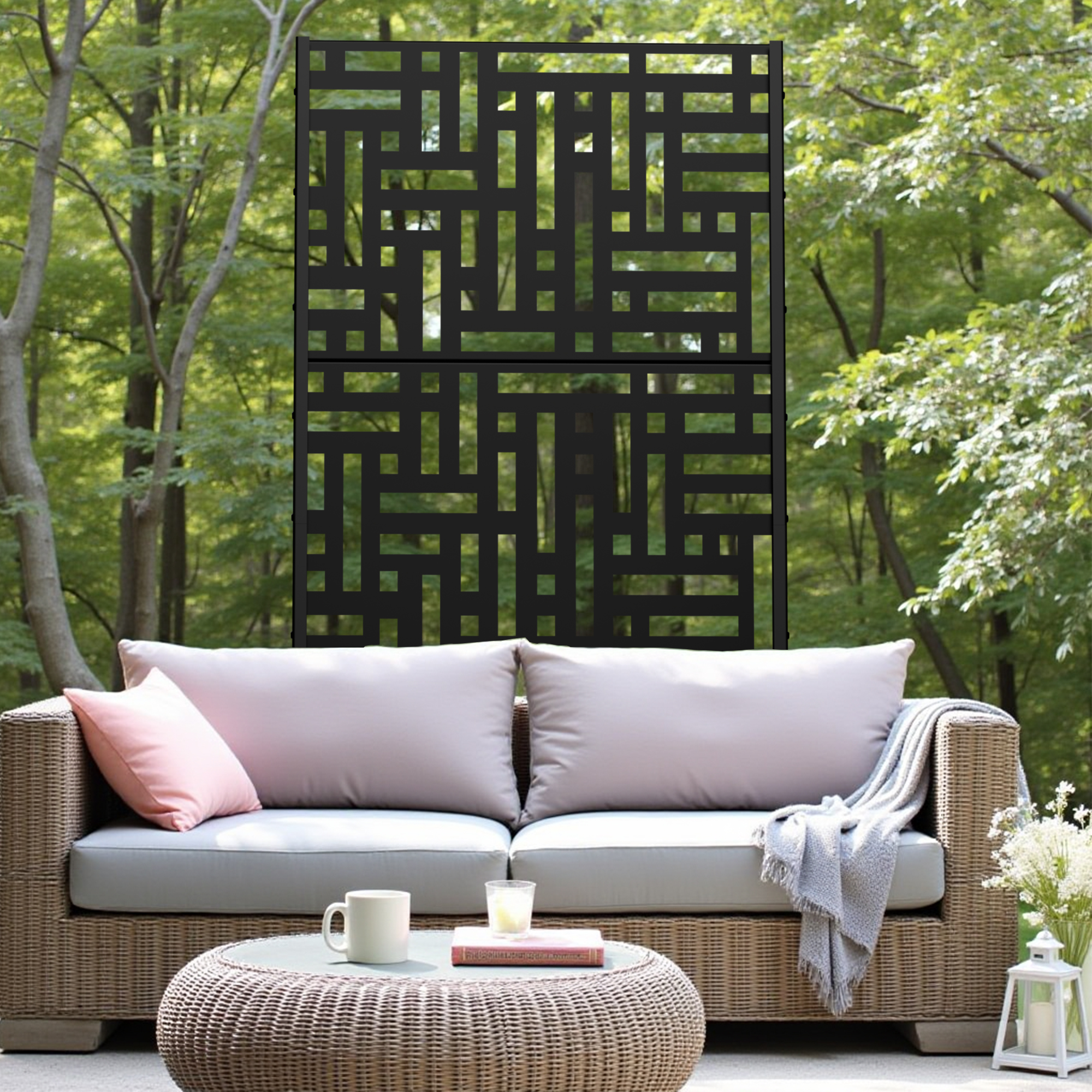 MAYEERTY 72×35" Outdoor Black Metal Privacy Panel Screen for Backyard & Garden, Geometric Maze Pattern