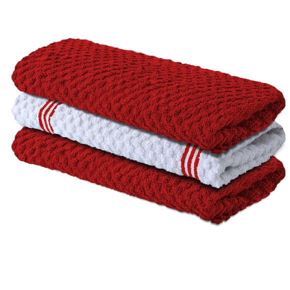 Infinitee Xclusives Premium Kitchen Towels - Pack of 3, 100% Cotton |15 x 25| Inches Absorbent Dish Towels - Terry Kitchen Dishcloth Towels - Red Dish Cloth for Household Cleaning