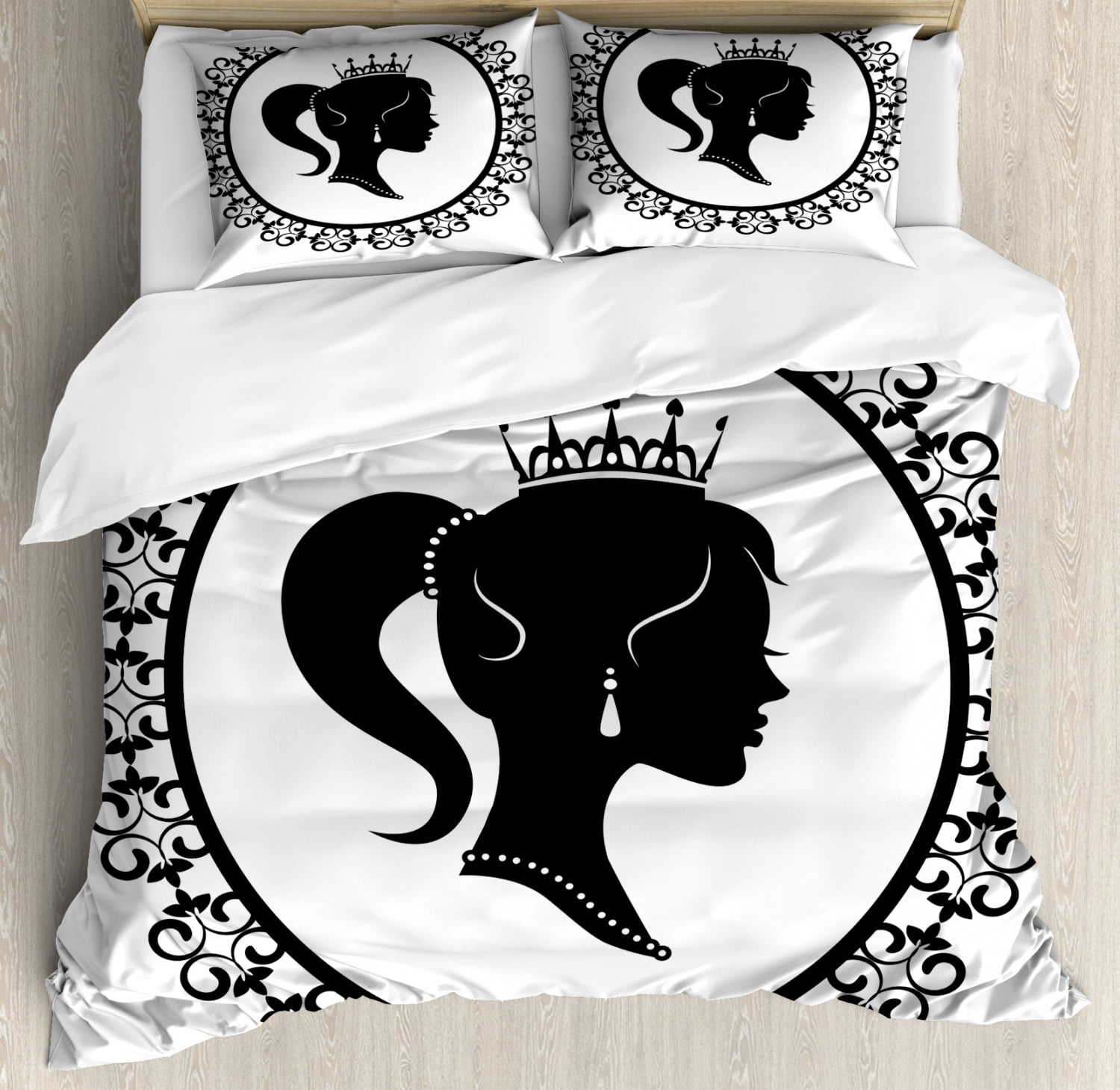 Queen Duvet Cover Set Profile Silhouette Of Princess In Frame With Victorian Details Young Noble Woman Decorative Bedding Set With Pillow Shams Black And White By Ambesonne Walmart Com Walmart Com