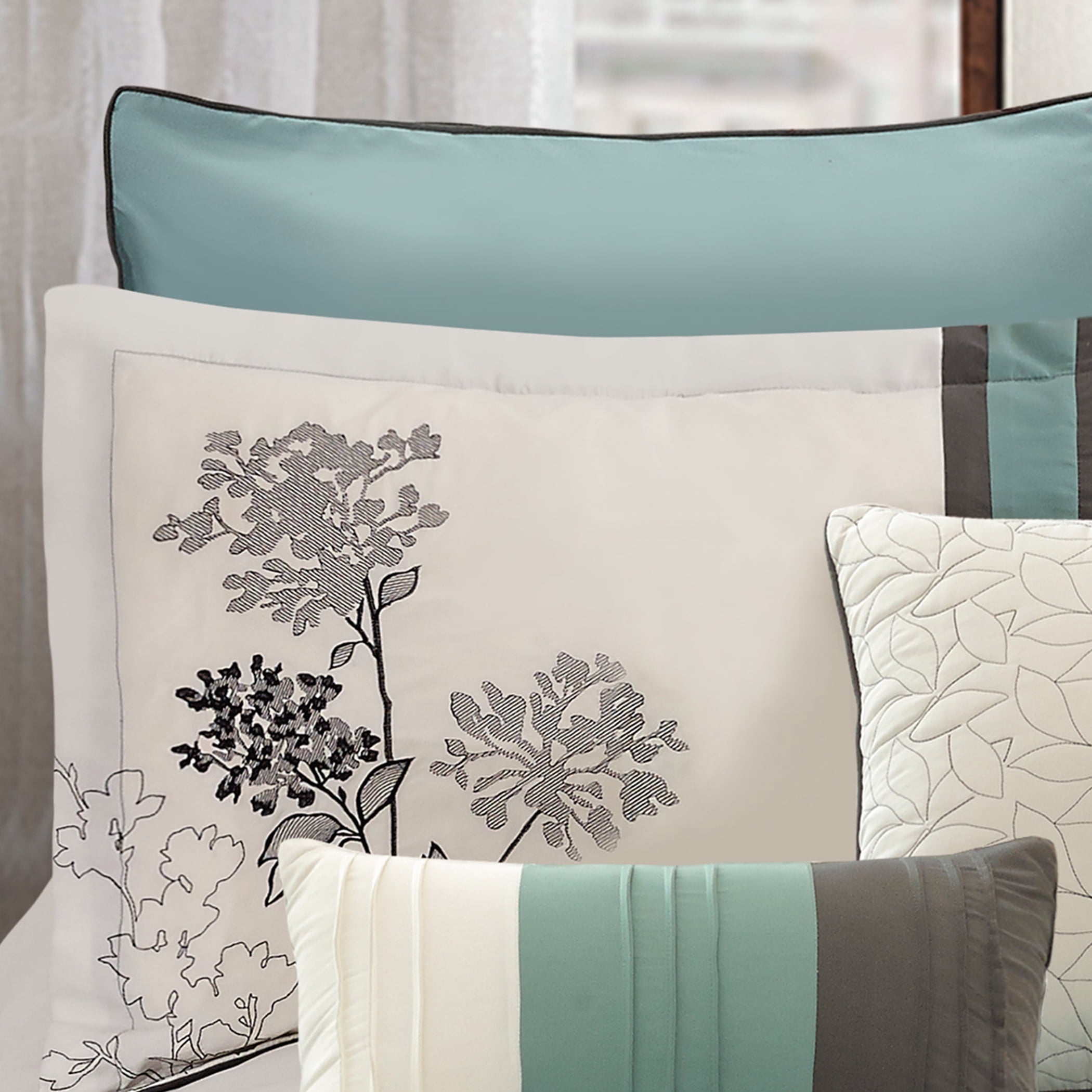 Riverbrook Home 8pc Comforter Set, Queen, Soft Teal, Emilie, Embroidered & Pieced, Polyfil