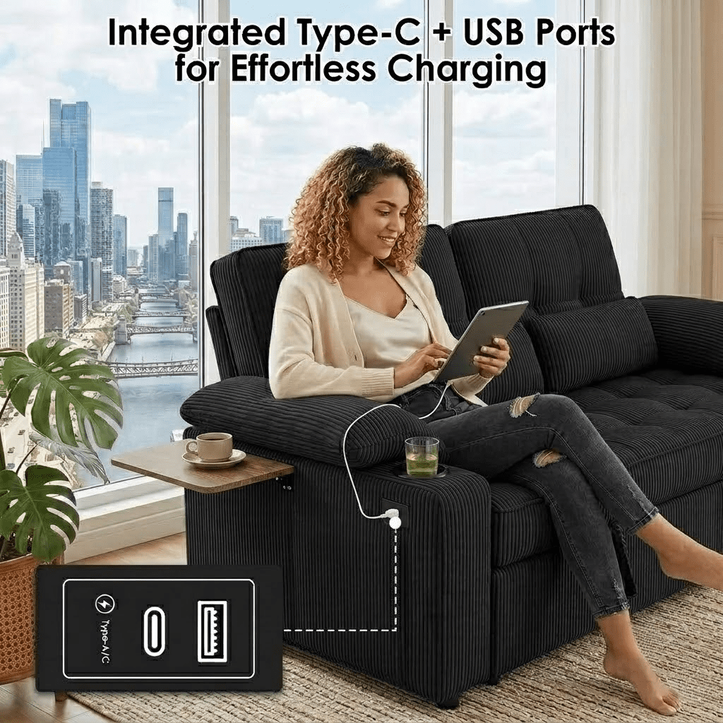 58" Sleeper Sofa Bed, Convertible Pull Out Couch Bed Corduroy Loveseat with Adjustable Backrest, USB Charging Ports, Cup Holders & Foldable Side Table for Living Room Apartment,Black