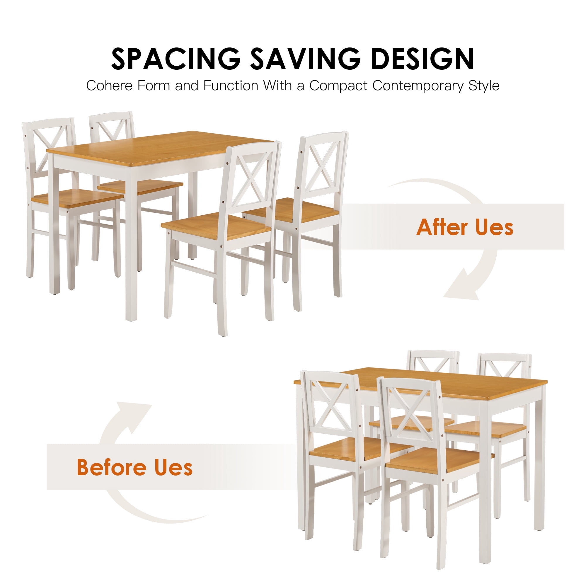 PORKISS 5-Piece Small Space Dining Set, 1 Table and 4 Chairs, Solid Wood, Natural+White, 42.5" L x 25.6" W x 28.7" H Table