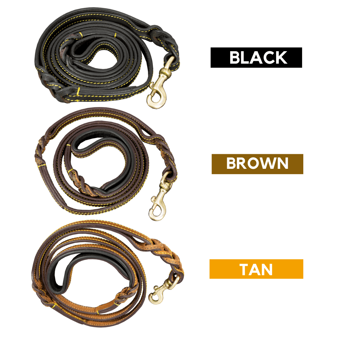 6 FT. Genuine Leather Dog Leash, 2 Handles, Extra Long Leash, Easy Control Black Leash