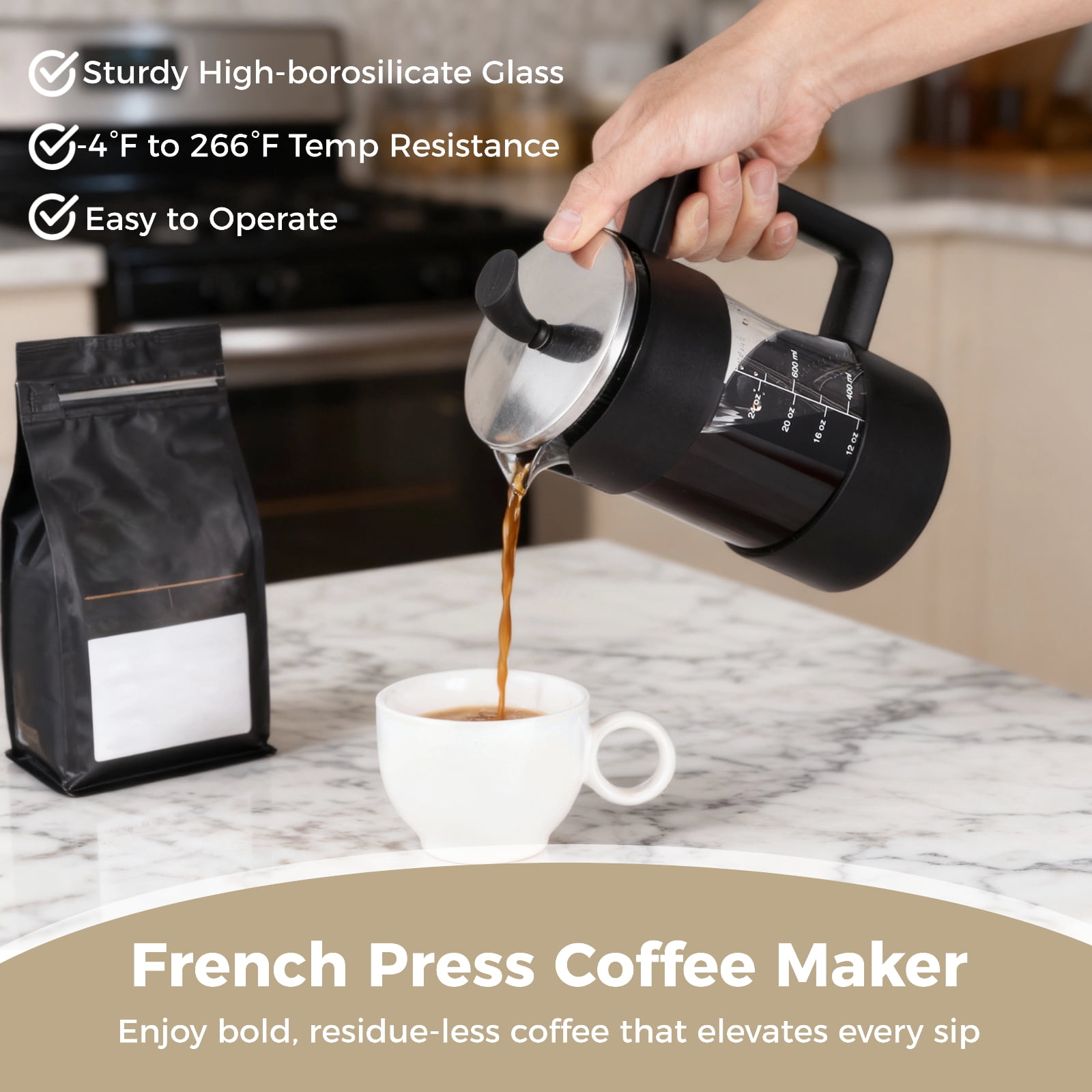 Press Coffee Maker, 34 oz Heat Resistant Thickened Borosilicate Glass Coffee Pot, Tea Maker with Fine 80 Mesh Filter & No-drip Spout, Large Capacity Brewer for Home, Office