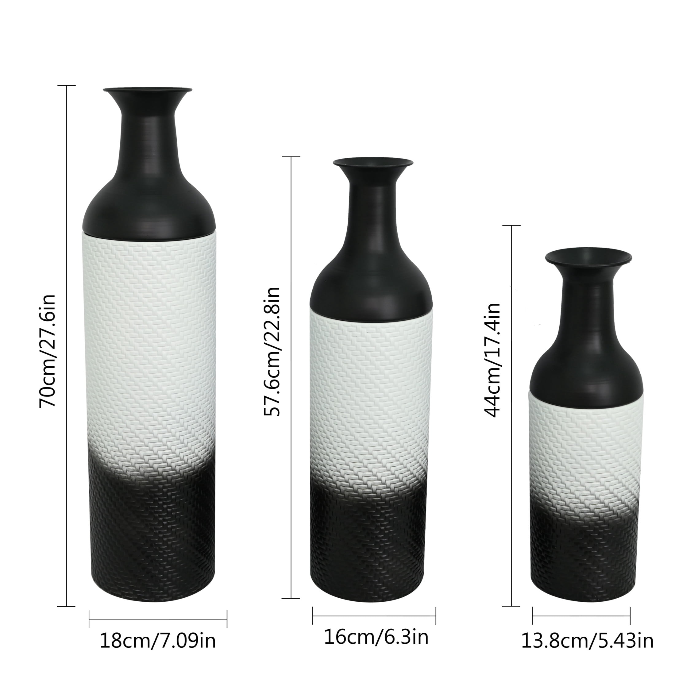 Noble House Set of 3 Decorative Metal Floor Vases, Tall Woven Pattern Vases for Home Decor, Black+White