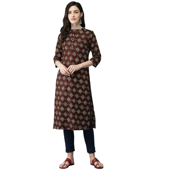 eloria Printed Kurti With Three-Quarter Sleeves In Mandarin Neck Design