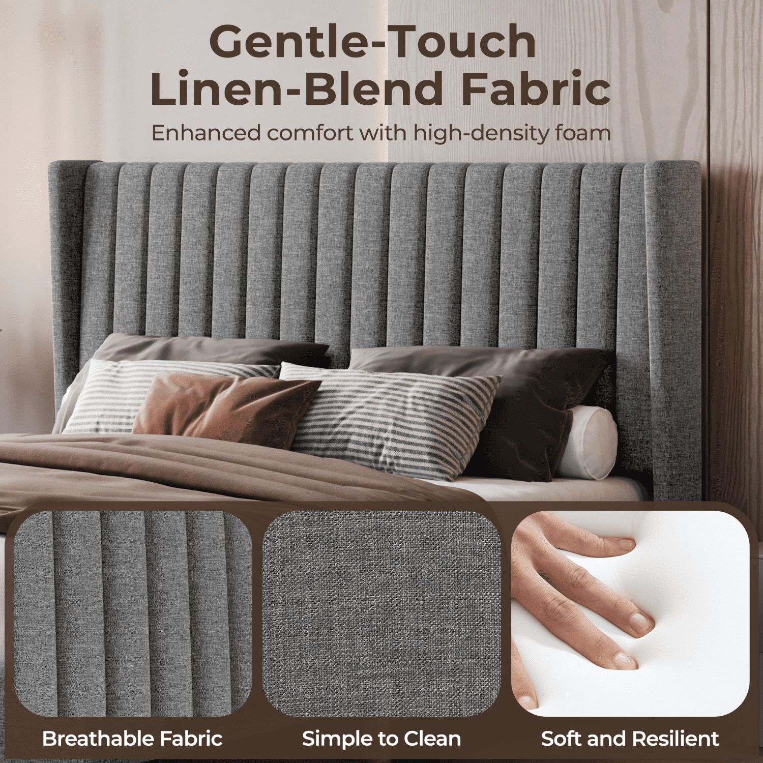 Renwick Fabric Upholstered Bed Frame with Channel Tufted Headboard, Light Gray