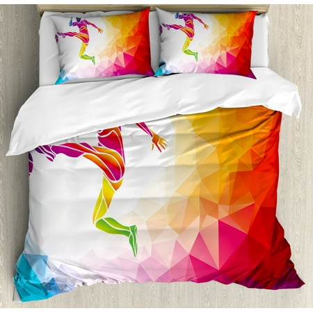 Teen Room Decor King Size Duvet Cover Set, Fractal Soccer Player Hitting the Ball Polygon Abstract Artful Illustration, Decorative 3 Piece Bedding Set with 2 Pillow Shams, Multicolor, by