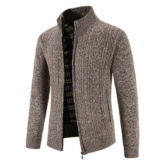 Mens Zip Up Cardigan Sweater - Men's Sweater Coat Zip Front Knitted Wool Jacket Long Sleeve Outdoor Casual Autumn Winter Male Outerwear, Coffee, Size L
