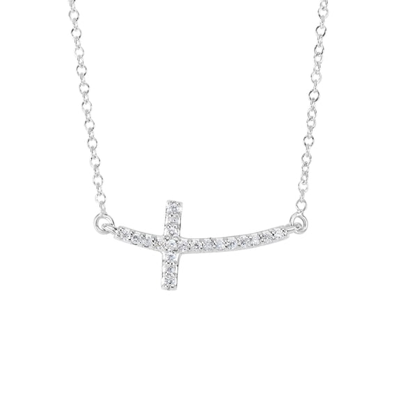 14K White Gold 0.12ct Necklace with Short curved Side way Cross 18"