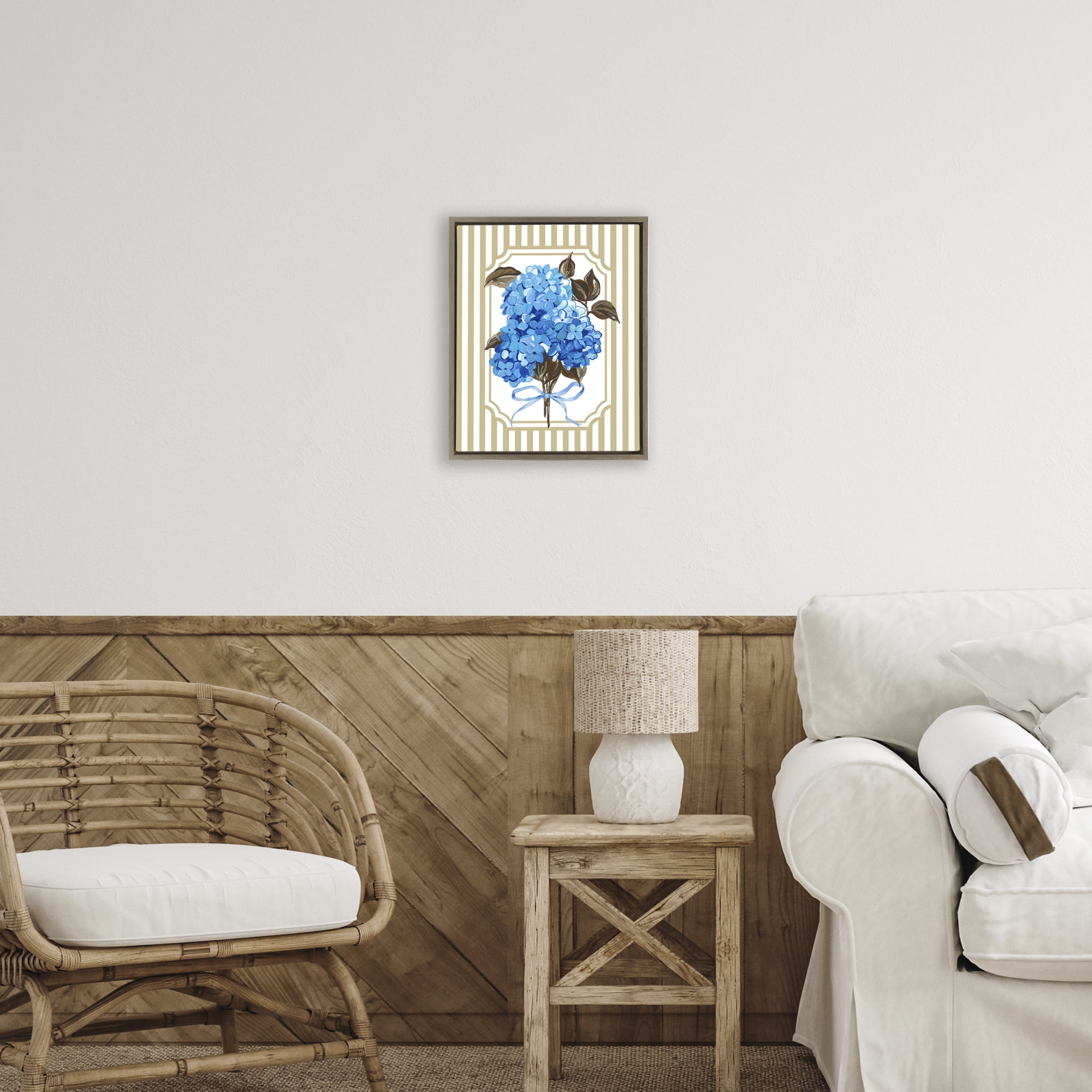 Blue Hydrangea Blossom Bow Brown Framed Floater Canvas Wall Art, design by Adonna Ebrahimi