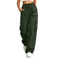 thumbnail image 2 of Cagogo Women Plus Size Wide Leg Cargo Pants Elastic Waist Casual Hiking Loose Long Pants with Pockets Outdoor Travel Trousers Summer Breathable Beach Work Clothes, Green L, 2 of 9