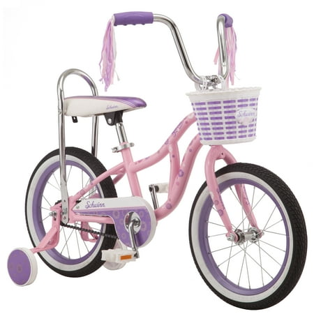 Schwinn Bloom kids bike, 16-inch wheel, training wheels, girls, pink, banana seat (no
