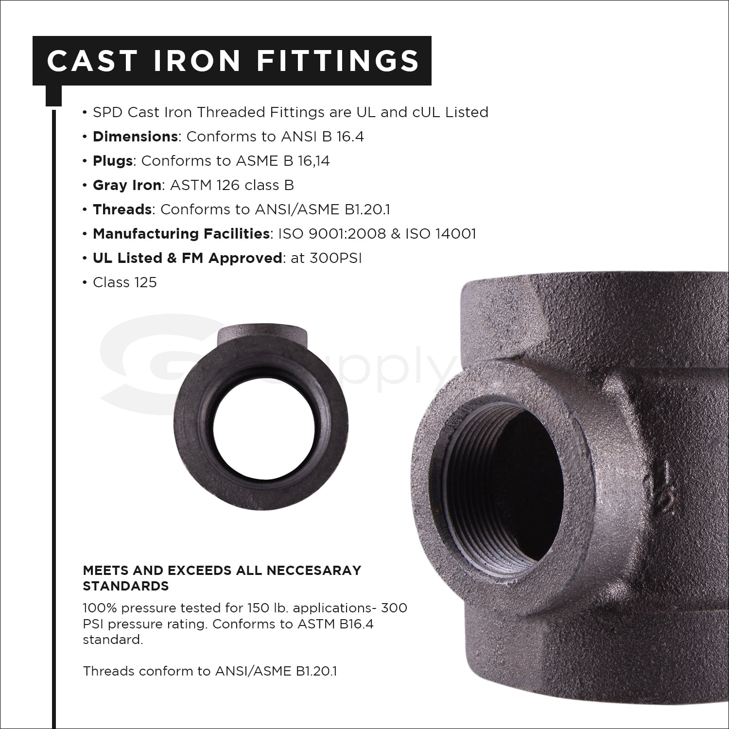 Supply Giant 1-1/4" x 1-1/4" x 1/2" BLack Pipe Fitting Reducing Tee Cast Iron