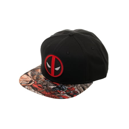 Deadpool Embroidered Snapback Hat with Comic Book Print Sublimated Flat Bill