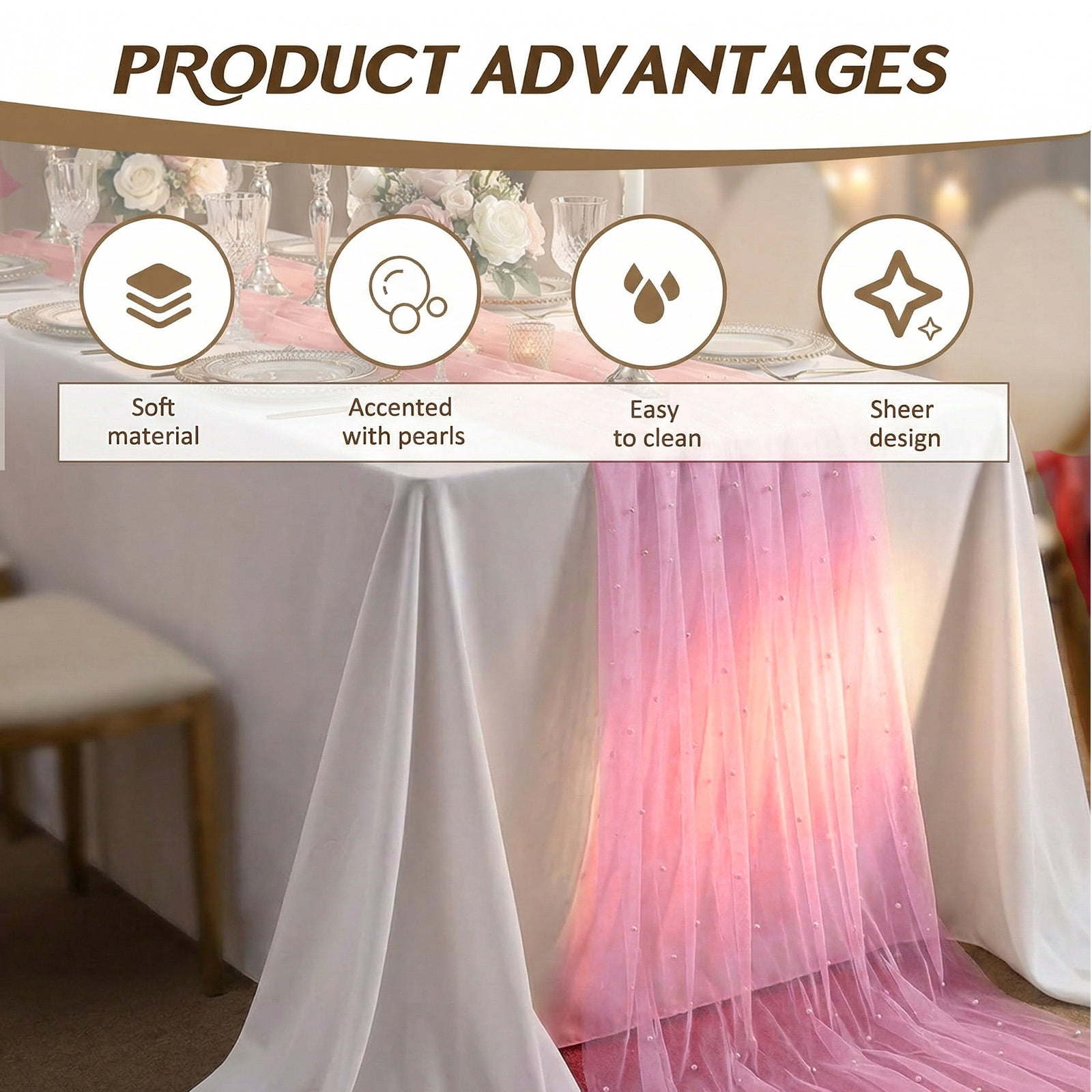 3PCS Pearl Gauze Table Runner 10FT Sheer Tablecloth Elegant Dining Table Decor for Home Party Holiday Wedding,33 x 124 Inches