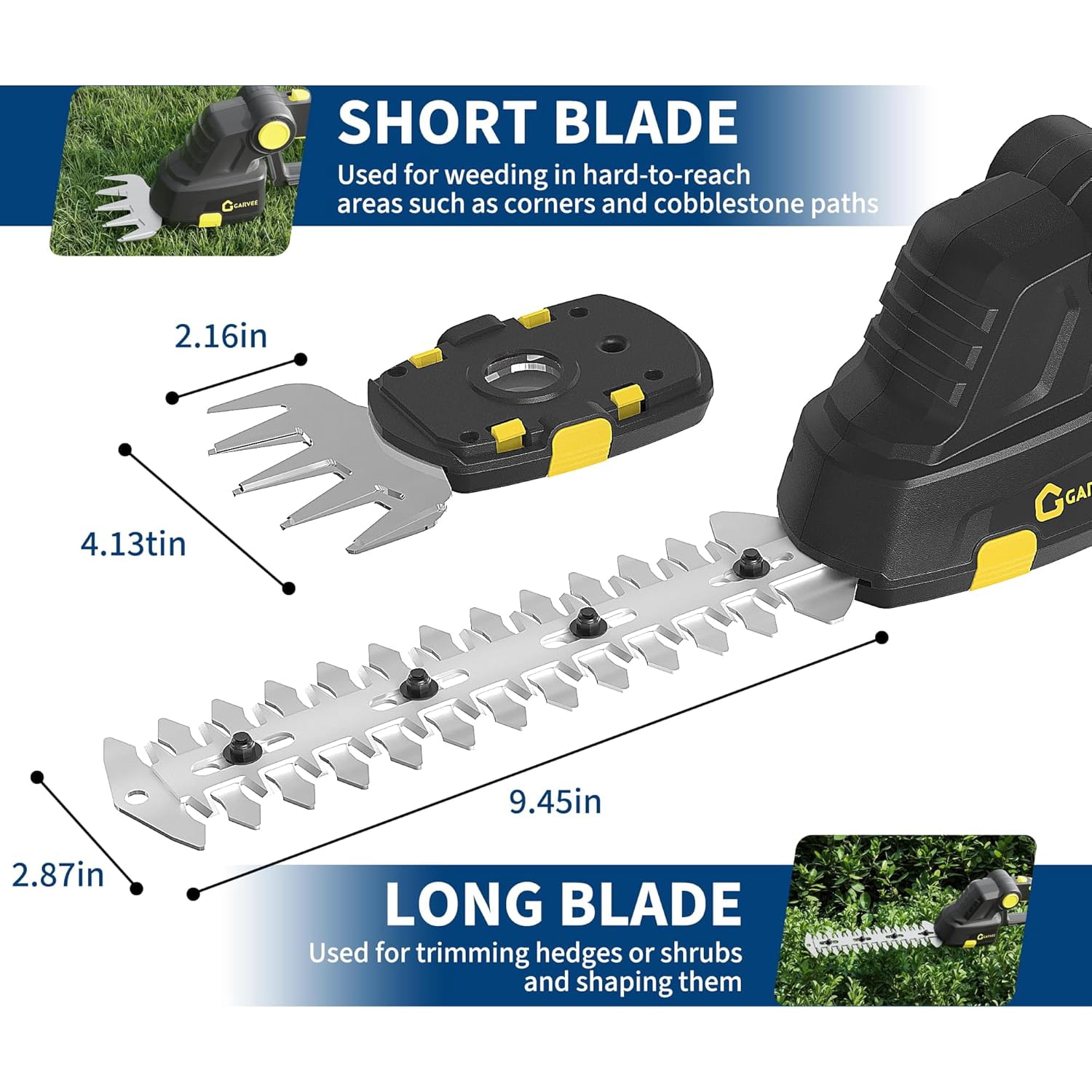 Garvee 2-in-1 Cordless Hedge Trimmer, 20V Lightweight Grass Shears & Hedge Trimmer with 2.0Ah Battery and Charger, Yellow/Black