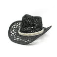 thumbnail image 1 of WEIYLL Chapeau de Soleil Femme Été Western Cowboy Modelable Paille Ajouré Noir Décontracté, 1 of 3