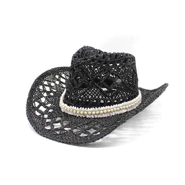 WEIYLL Chapeau de Soleil Femme Été Western Cowboy Modelable Paille Ajouré Noir Décontracté