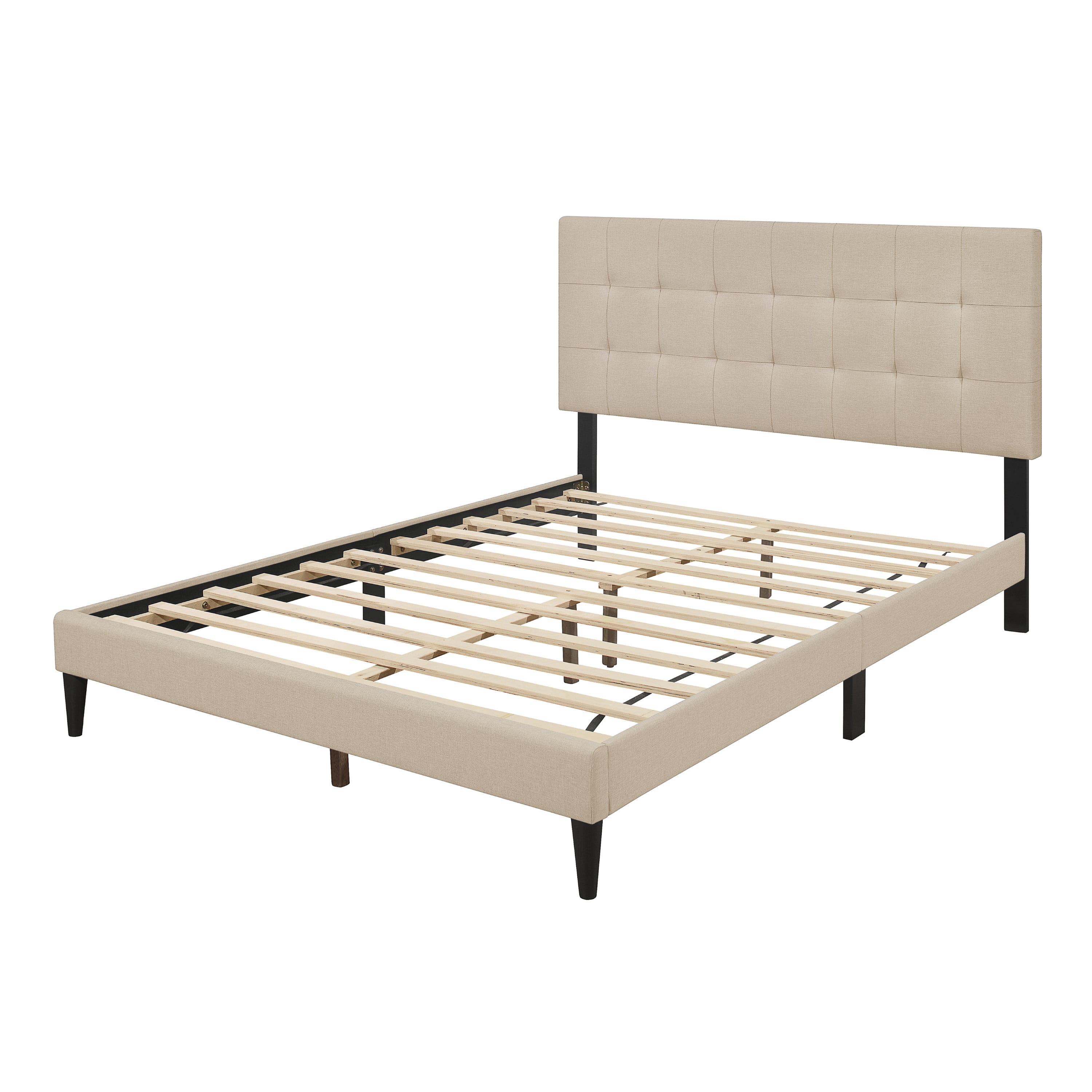 Home Design Evanston Queen Tufted Upholstered Platform Bed with Slatted Wood and Foam-Padded Headboard, Beige, Easy Assembly