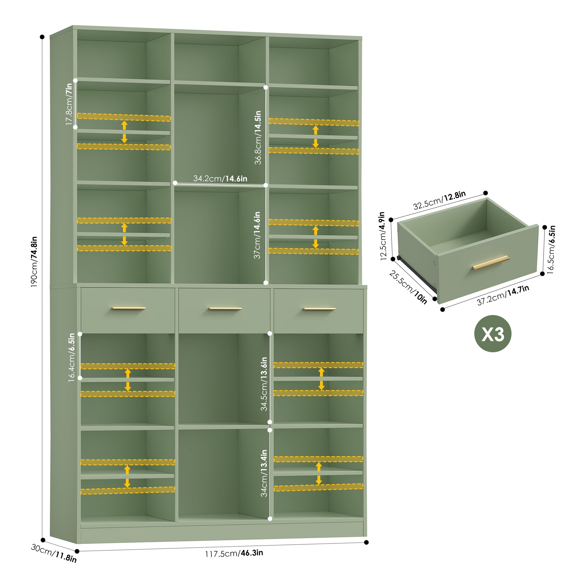 Homfa 75'' Tall Bookcase with Adjustable Shelves, 3 Drawers Display Bookshelf For Living Room, Home Office, Green