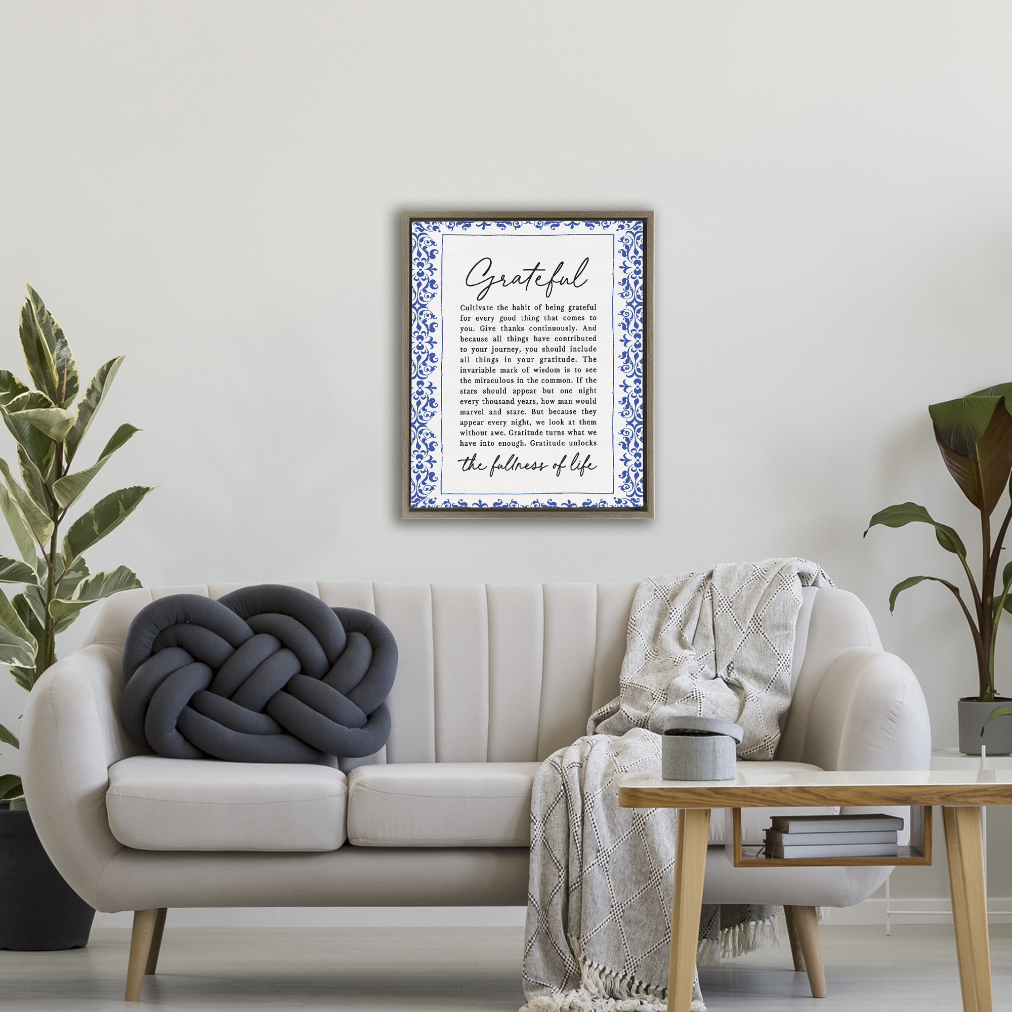 Gratitude Unlocks Fullness Of Life Brown Framed Floater Canvas Wall Art, design by Lettered and Lined
