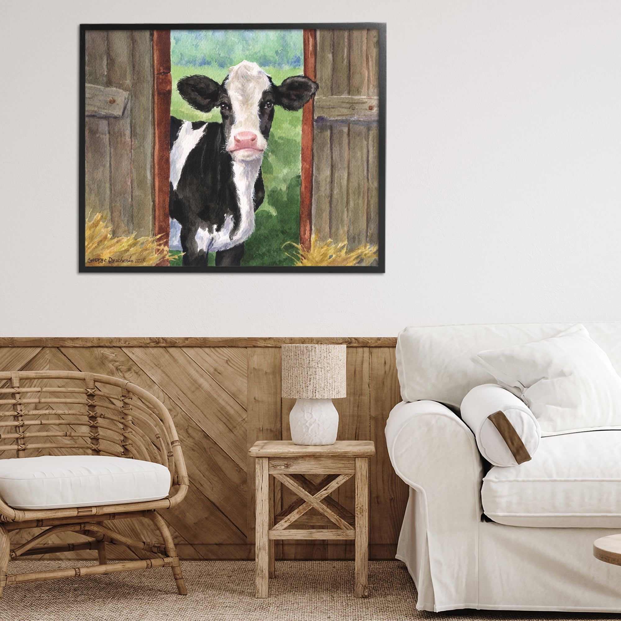 Stupell Industries Cow in Wooden Gate Black Framed Giclee Art, design by George Dyachenko