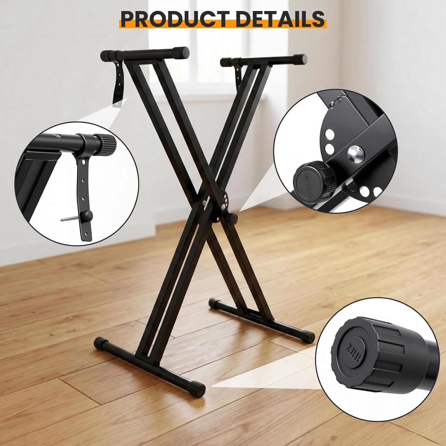 Easily Assembled Keyboard Stand,Heavy-Duty Double-X Piano Stand,Adjustable, Foldable, Portable Keyboard Music Stand with Locking Straps, Black
